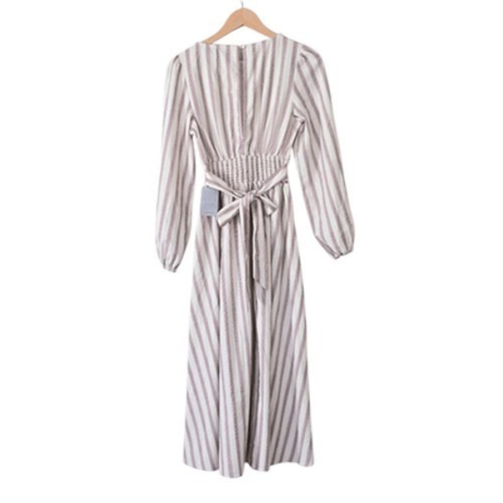 Petal & Pup Striped Smocked Waist Linen Blend Midi Dress Burgundy Neutral XL NEW - Picture 3 of 6